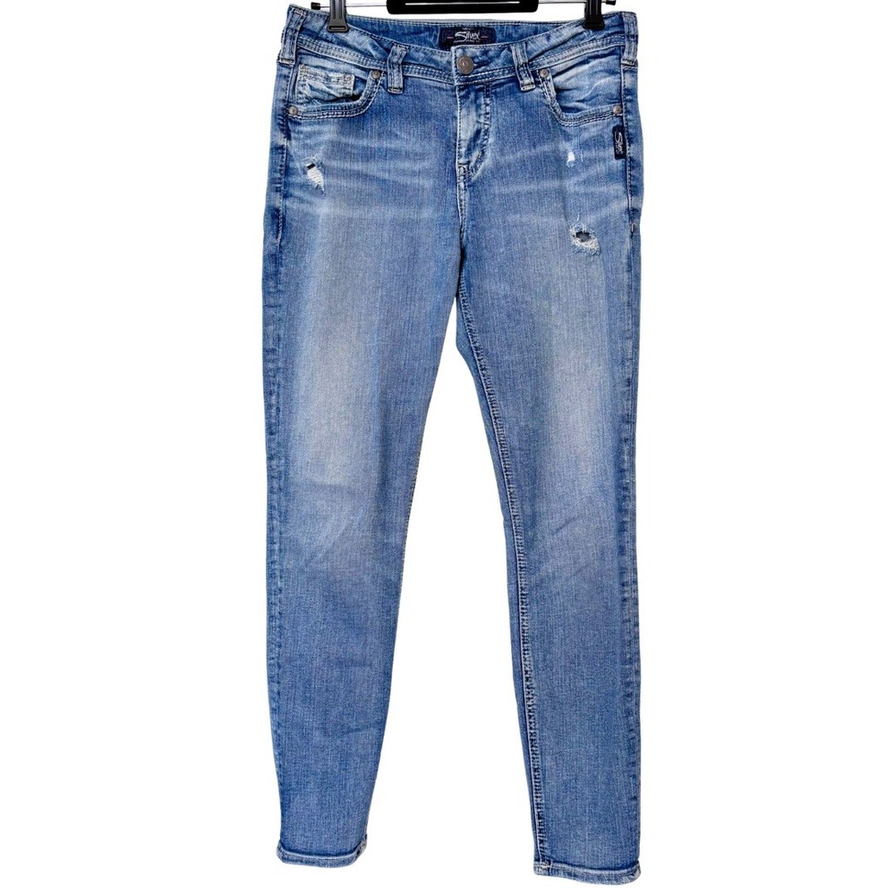 Silver High-Rise Distressed Light Blue Jeans – 'Avery Super Skinny', Sz 29